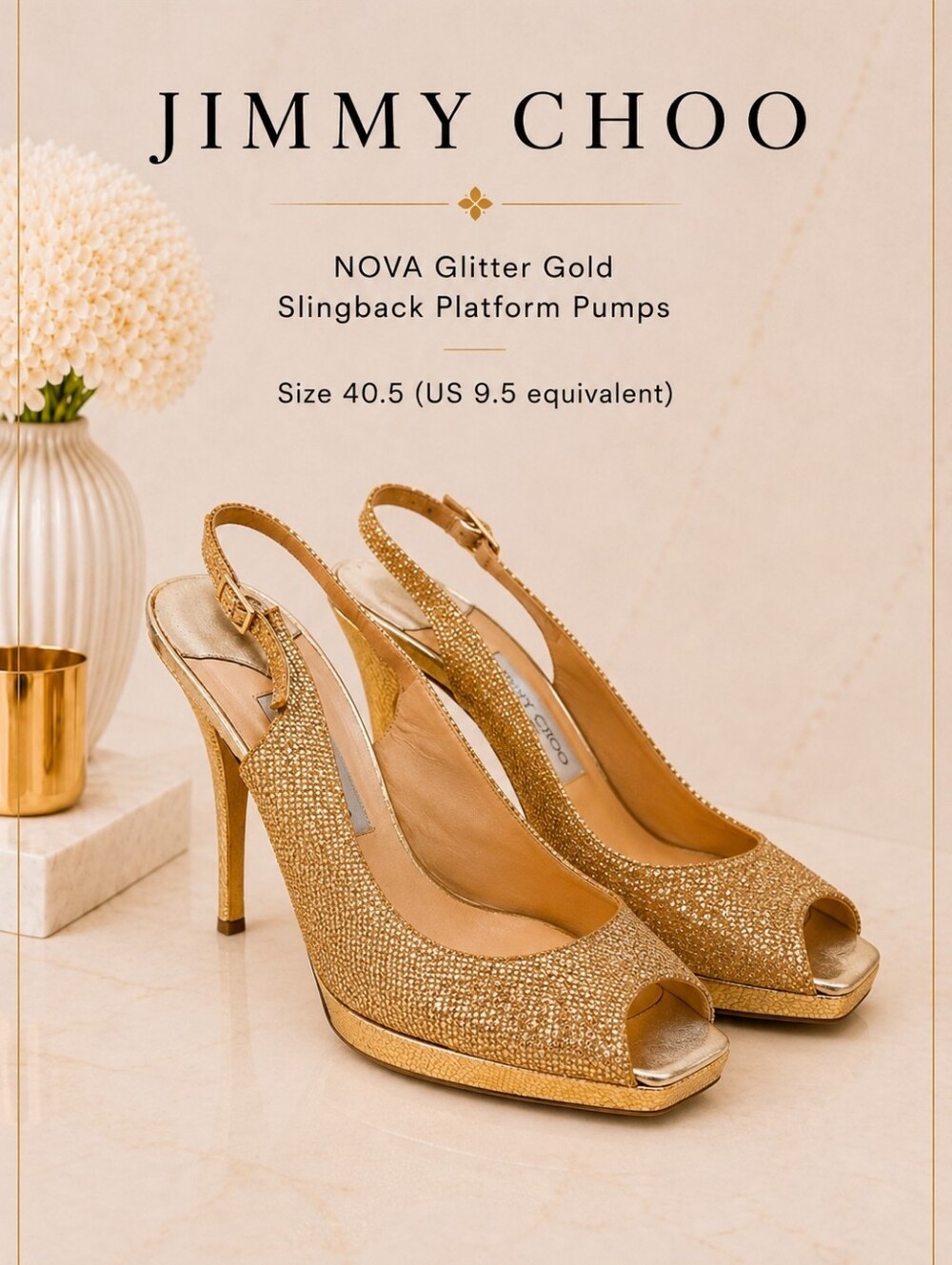 Jimmy Choo Nova Gold Glitter Slingback Platform Pumps 40.5 | 9.5 Made in Italy